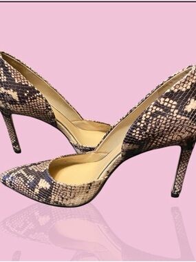 Gianni Bini Snake-Print Pointed Toe Stiletto Pumps in Beige and Black